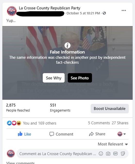 Post about Trump's COVID-19 recovery removed